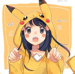 Rule 34 | 1girl, alternate costume, animal costume, animal ears, artist name, bad id, bad pixiv id, blue hair, blush, blush stickers, border, collarbone, cosplay, creatures (company), dawn (pokemon), fake animal ears, female focus, game freak, gen 1 pokemon, grey eyes, hair ornament, hairclip, hands up, hood, japanese text, long hair, long sleeves, looking at viewer, nintendo, open mouth, paw pose, pikachu, pikachu (cosplay), pokemon, pokemon dppt, ririmon, simple background, solo, straight-on, tail, teeth, translated, twitter username, upper body, white border, yellow background