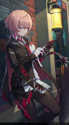 Rule 34 | 1girl, absurdres, against wall, bandaged hand, bandages, between breasts, black choker, black gloves, black jacket, black pantyhose, blue eyes, breasts, brown hair, candy, choker, earrings, eating, food, gloves, grey eyes, hair between eyes, highres, holding, holding weapon, honkai (series), honkai impact 3rd, jacket, jewelry, lantern (honkai impact), lollipop, long sleeves, looking at viewer, medium breasts, multicolored clothes, necktie, necktie between breasts, official art, outdoors, pantyhose, red gloves, red necktie, shirt, short hair, solo, standing, two-tone gloves, weapon, white shirt