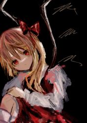 Rule 34 | 1girl, absurdres, amagi xx, bad id, bad pixiv id, black background, blonde hair, bow, commentary request, flandre scarlet, frills, hair bow, highres, long sleeves, medium hair, no headwear, one side up, puffy sleeves, red bow, red eyes, red skirt, red vest, simple background, skirt, solo, touhou, vest, wings