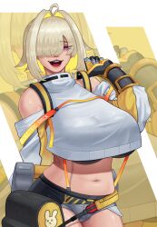 Rule 34 | 1girl, :d, absurdres, ahoge, arapanchi, black gloves, black sports bra, blonde hair, breasts, clothing cutout, crop top, cropped sweater, elegg (nikke), exposed pocket, gloves, goddess of victory: nikke, grey shorts, hair intakes, hair over eyes, highres, huge breasts, long bangs, long sleeves, looking at viewer, micro shorts, multicolored clothes, multicolored gloves, multicolored hair, navel, open mouth, purple eyes, short hair, shorts, shoulder cutout, smile, solo, sports bra, strap, suspender shorts, suspenders, two-tone hair, yellow gloves, zoom layer
