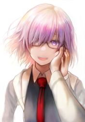 Rule 34 | 1girl, :d, fate/grand order, fate (series), glasses, hair over one eye, harunatsu akifumi, hood, hood down, hooded jacket, jacket, looking at viewer, mash kyrielight, necktie, open clothes, open jacket, open mouth, pink hair, purple eyes, red neckwear, short hair, smile, upper body