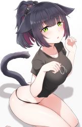 Rule 34 | 1girl, absurdres, animal ears, arknights, black panties, black shirt, breasts, cat ears, cat girl, cat tail, collarbone, colored inner hair, crop top, floppy ears, green eyes, hands up, highres, jessica (arknights), k0ng, long hair, looking at viewer, medium breasts, multicolored hair, no pants, panties, parted lips, ponytail, shirt, short sleeves, simple background, sitting, skindentation, solo, tail, tail raised, thighs, underwear, white background