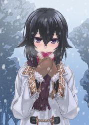 Rule 34 | 1girl, black hair, blush, brown mittens, coat, gift, gloves, hair between eyes, hair flaps, holding, holding gift, konohana enishi, long sleeves, looking at viewer, maou, mittens, original, outdoors, purple eyes, scarf, sengoku aky, short hair, smile, snow, solo, valentine, winter clothes