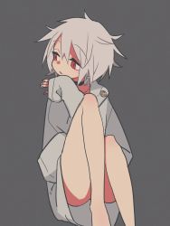 Rule 34 | 1girl, bare legs, choker, coat, female focus, grey background, highres, looking away, ootorii bisetsu, original, oversized clothes, red eyes, short hair, simple background, sitting, sleeves past wrists, solo, white coat, white hair