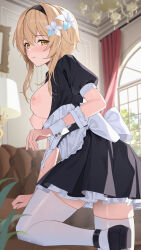 Rule 34 | 1girl, absurdres, alternate costume, apron, black dress, black footwear, black hairband, blonde hair, blush, bow, breasts, breasts out, chandelier, closed mouth, commentary, couch, curtains, day, dress, enmaided, flower, foot out of frame, frilled dress, frills, genshin impact, hair between eyes, hair flower, hair ornament, hairband, highres, indoors, jumonji, lamp, light smile, looking at viewer, lumine (genshin impact), maid, maid apron, medium breasts, medium hair, nipples, paid reward available, puffy short sleeves, puffy sleeves, shoes, short sleeves, sidelocks, solo, standing, standing on one leg, thighhighs, white bow, white flower, white thighhighs, window, wrist cuffs, yellow eyes, zettai ryouiki