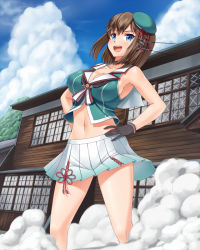 Rule 34 | 10s, 1girl, bare shoulders, black gloves, blue eyes, breasts, cleavage, female focus, gloves, hands on own hips, hat, hobenkei, kantai collection, large breasts, maya (kancolle), maya kai ni (kancolle), midriff, navel, open mouth, short hair, skirt, smile, solo, standing