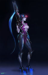 Rule 34 | 1girl, armor, armored boots, black gloves, blue hair, body writing, bodysuit, boots, breasts, breasts apart, center opening, closed mouth, colored skin, earrings, etopato, full body, gauntlets, gloves, glowing, greaves, gun, head-mounted display, high heel boots, high heels, highres, holding, holding gun, holding weapon, jewelry, knee boots, lips, lipstick, long hair, looking at viewer, makeup, medium breasts, overwatch, overwatch 1, pauldrons, ponytail, purple lips, purple skin, rifle, shoulder armor, shoulder pads, sniper rifle, solo, standing, stud earrings, turtleneck, very long hair, visor, weapon, widowmaker (overwatch), yellow eyes
