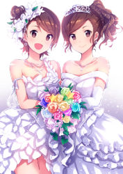 Rule 34 | 2girls, bare shoulders, blush, bouquet, bride, brown eyes, brown hair, commentary request, dress, earrings, elbow gloves, flower, futami ami, futami mami, gloves, hair flower, hair ornament, idolmaster, idolmaster (classic), ima (lm ew), jewelry, looking at viewer, multiple girls, necklace, open mouth, siblings, side ponytail, sisters, smile, tiara, twins, wedding dress, white dress, white gloves