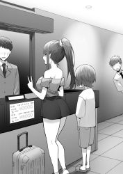 Rule 34 | 1girl, 3boys, aimi (sky-freedom), ass, blush, commentary request, faceless, faceless male, greyscale, highres, long hair, luggage, monochrome, multiple boys, open mouth, original, ponytail, short hair, sky-freedom, slippers, sweatdrop, translation request