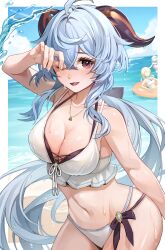 Rule 34 | 3girls, :d, ahoge, bare shoulders, bikini, blue hair, blush, breasts, cleavage, collarbone, ganyu (genshin impact), genshin impact, goat horns, highres, horns, large breasts, long hair, looking at viewer, lumine (genshin impact), moguta (moguta9), multiple girls, navel, ocean, open mouth, paimon (genshin impact), purple eyes, revision, sidelocks, smile, solo focus, swimsuit, thighs, water, wet