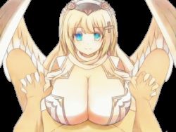 Rule 34 | 1boy, 1girl, 20s, angel, angel wings, animated, animated gif, artist request, blonde hair, blue eyes, bouncing, bouncing breasts, breasts, censored, cleavage, clothed female nude male, erection, feathered wings, feathers, hair ornament, hairband, hairpin, hetero, holding, holding hands, huge breasts, interlocked fingers, looking at viewer, looping animation, lying, medium hair, mosaic censoring, nude, on back, paizuri, paizuri under clothes, penis, pov, priestess, robe, rubbing, simple background, smile, solo focus, staring, succubus senki, transparent background, uncensored, wings