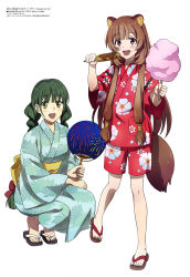 Rule 34 | 2girls, :d, absurdres, animal ears, aqua kimono, back bow, barefoot, blunt bangs, bow, braid, brown eyes, brown hair, copyright name, eating, floral print, food, food on face, full body, green eyes, green hair, hair bow, highres, holding, japanese clothes, kimono, long hair, multiple girls, obi, open mouth, print kimono, print shorts, raccoon ears, raccoon girl, raccoon tail, raphtalia, red bow, red kimono, red shorts, rishia ivyred, sash, shorts, simple background, smile, squatting, standing, tail, tate no yuusha no nariagari, twin braids, twintails, white background, yellow bow