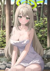 Rule 34 | 1girl, arm support, bamboo, bare shoulders, bekkuro, blue archive, blush, breasts, cleavage, collarbone, hair bun, halo, highres, large breasts, light brown hair, looking at viewer, naked towel, nonomi (blue archive), outdoors, single side bun, sitting, smile, solo, towel, white towel