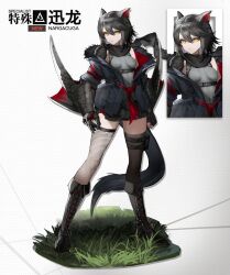Rule 34 | 1girl, animal ear fluff, animal ears, ankle boots, ankle lace-up, arigiep, arknights, armor, asymmetrical legwear, bare shoulders, black footwear, black hair, black shorts, black thighhighs, blade, boots, breasts, buckle, cat ears, chest harness, chinese text, claw (weapon), claws, colored eyelashes, commentary, covered navel, cross-laced footwear, fishnet thighhighs, fishnets, full body, gauntlets, hair between eyes, harness, highres, holster, humanization, jacket, knee boots, lace-up boots, leotard, medium breasts, medium hair, monster hunter (series), nargacuga, open clothes, open fly, open jacket, shoes, short shorts, shorts, shoulder armor, simple background, simplified chinese text, skin tight, snap-fit buckle, solo, tail, thigh holster, thigh strap, thighhighs, tight clothes, weapon, white background, wrist blades, yellow eyes
