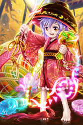 Rule 34 | 1girl, barefoot, bowl, highres, japanese clothes, kimono, miracle mallet, needle, purple hair, red eyes, rovyt, solo, sukuna shinmyoumaru, touhou, wide sleeves