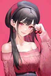 Rule 34 | 1girl, absurdres, black hair, black headwear, cherry, closed mouth, collarbone, earrings, food, fruit, highres, holding, holding food, jewelry, kapo, long hair, mole, mole under eye, off-shoulder sweater, off shoulder, original, pink sweater, red background, red eyes, ribbed sweater, smile, solo, sweater, upper body