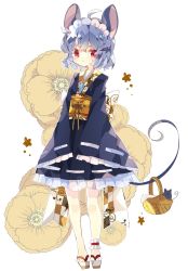 Rule 34 | 1girl, :&lt;, ahoge, alternate costume, animal ears, ankle cuffs, back bow, basket, blue kimono, bow, commentary, floral background, frilled kimono, frills, full body, grey hair, highres, japanese clothes, jewelry, kimono, long sleeves, looking at viewer, maid headdress, medium hair, mouse (animal), mouse ears, mouse girl, mouse tail, nazrin, nikorashi-ka, obi, okobo, pendant, red eyes, sandals, sash, sleeves past fingers, sleeves past wrists, solo, tail, touhou, wide sleeves