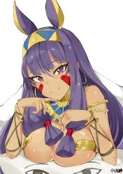 Rule 34 | 1girl, absurdres, bare shoulders, blunt bangs, blush, bracelet, breast press, breasts, closed mouth, dark-skinned female, dark skin, earrings, egyptian, egyptian clothes, facial mark, fate/grand order, fate (series), hair between eyes, hair tubes, hairband, highres, hoop earrings, jewelry, large breasts, long hair, looking at viewer, lying, medjed (fate), nitocris (fate), on stomach, purple eyes, purple hair, revealing clothes, sidelocks, smile, solo, tuxedo de cat, under covers
