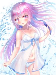 Rule 34 | 1girl, :o, bare shoulders, blue hair, blush, chemise, colored inner hair, embarrassed, hair down, highres, hololive, lingerie, long hair, looking at viewer, mask, minato aqua, mouth mask, multicolored hair, open mouth, panties, purple eyes, purple hair, rappi, solo, spaghetti strap, surgical mask, two-tone hair, underwear, underwear only, untying, virtual youtuber, white background, white chemise, white panties