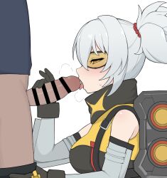 1boy 1girl censored goggles grey_hair highres imminent_fellatio orange_eyes penis quinua simple_background soldier_11_(zenless_zone_zero) white_background zenless_zone_zero