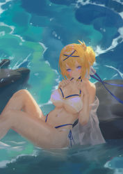 Rule 34 | 1girl, against rock, azur lane, bad id, bad pixiv id, bare legs, bare shoulders, bikini, blonde hair, blue choker, blue eyes, blue ribbon, blush, breasts, choker, cirilla lin, cleavage, closed mouth, cross, cross choker, day, feet out of frame, hair bun, hair ornament, hands on own chest, highres, jeanne d&#039;arc (azur lane), jeanne d&#039;arc (saintess of the sea) (azur lane), knees up, large breasts, leaning back, looking at viewer, navel, official alternate costume, outdoors, ribbon, rock, see-through, shallow water, short hair, side-tie bikini bottom, single hair bun, sitting, smile, solo, stomach, swimsuit, underboob, v-shaped eyebrows, water, white bikini