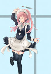 Rule 34 | 1girl, ;d, apron, dagger, felicia (fire emblem), fire emblem, fire emblem fates, green eyes, haru (nakajou-28), knife, long hair, maid, maid apron, maid headdress, nintendo, one eye closed, open mouth, pink hair, ponytail, smile, solo, thighhighs, weapon