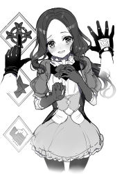 Rule 34 | 1girl, blush, command spell, cowboy shot, elbow gloves, fate/grand order, fate (series), gloves, greyscale, hand on own chest, hands up, head tilt, leonardo da vinci (fate), long hair, looking at viewer, monochrome, nose blush, pantyhose, parted bangs, parted lips, puff and slash sleeves, puffy short sleeves, puffy sleeves, ririko (zhuoyandesailaer), shirt, short sleeves, skirt, smile, solo focus, sweat, white background