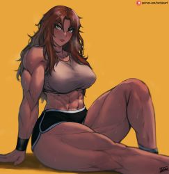 Rule 34 | 1girl, abs, artist name, batako (batakoart), black shirt, black wristband, blush, breasts, curvy, dark-skinned female, dark skin, heavy breathing, highres, knee up, large breasts, lipstick, long hair, looking at viewer, makeup, muscular, muscular female, original, outline, parted bangs, red hair, red lips, shirt, short shorts, shorts, simple background, sitting, solo, sports bra, sweat, taut clothes, thick thighs, thighs, watermark, web address, yellow background, yellow eyes