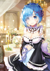 Rule 34 | 10s, 1girl, apple caramel, bad id, bad pixiv id, black dress, blue eyes, blue hair, bouquet, breasts, candle, candlestand, chair, cleavage, closed mouth, commentary request, detached sleeves, dress, eyes visible through hair, flower, frilled dress, frills, hair ornament, hair over one eye, hair ribbon, hairclip, holding, holding tray, indoors, juliet sleeves, long sleeves, medium breasts, painting (object), picture frame, pink ribbon, puffy sleeves, re:zero kara hajimeru isekai seikatsu, rem (re:zero), ribbon, ribbon-trimmed clothes, ribbon trim, rose, short hair, sleeveless, sleeveless dress, sleeves past wrists, smile, solo, table, tray, white flower, white rose, wide sleeves, x hair ornament