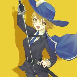 Rule 34 | 1girl, absurdres, arm up, black gloves, black jacket, black pants, blonde hair, blue necktie, collared shirt, cowboy shot, don quixote (project moon), gloves, highres, jacket, limbus company, looking at viewer, necktie, open mouth, pants, project moon, shirt, short hair, simple background, single glove, sinlu, smile, solo, white shirt, yellow background, yellow eyes