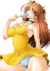 Rule 34 | 1girl, alternate breast size, bad id, bad pixiv id, blue eyes, blue panties, blush, breasts, brown hair, cameltoe, choker, cleavage, cleft of venus, clitoris, covered erect nipples, dress, eating, erect clitoris, fat mons, food, highres, large breasts, long hair, naughty face, neon genesis evangelion, nipples, open mouth, panties, pantyshot, popsicle, puffy nipples, sakai hamachi, sexually suggestive, shirt, simple background, skin tight, skirt, solo, souryuu asuka langley, striped clothes, striped panties, sweat, taut clothes, taut shirt, tongue, underwear, upskirt, yellow dress, yellow skirt