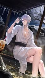 Rule 34 | 1boy, absurdres, bare legs, blue hair, bottle, bubble tea, closed mouth, emong, genshin impact, glass, hair between eyes, highres, holding, holding bottle, japanese clothes, kamisato ayato, kimono, long sleeves, looking at viewer, male focus, milk, night, onsen, purple eyes, smile, solo, water, wet, white kimono