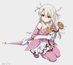 Rule 34 | 1girl, bare shoulders, boots, dress, fate/kaleid liner prisma illya, fate (series), full body, gloves, grey background, grey hair, highres, holding, holding wand, illyasviel von einzbern, kaleidostick, long hair, prisma illya, red eyes, simple background, sketch, solo, squatting, takatisakana, thigh boots, wand