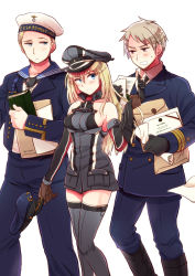 Rule 34 | 10s, 1girl, 2boys, :&lt;, axis powers hetalia, bare shoulders, bismarck (kancolle), black footwear, blonde hair, blue eyes, book, boots, breasts, brown hair, buttons, clenched teeth, collared shirt, commentary request, crossover, double-breasted, elbow gloves, envelope, germany (hetalia), gloves, grabbing, grey thighhighs, hat, unworn hat, unworn headwear, himaruya hidekazu (style), holding, kantai collection, kuro (parade), long hair, looking at another, looking back, military, military uniform, multiple boys, necktie, necktie grab, neckwear grab, paper, peaked cap, prussia (hetalia), sailor collar, shirt, sideways glance, simple background, teeth, thighhighs, uniform, walking, white background, zettai ryouiki
