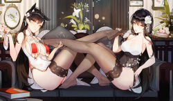 Rule 34 | 2girls, alternate costume, animal ears, artist request, atago (azur lane), azuma (azur lane), azur lane, black hair, book, breasts, cleavage cutout, clothing cutout, couch, feet, flower, flower on head, large breasts, long hair, multiple girls, on couch, plant, saliva, scenery, soles, thighhighs, tongue, tongue out, underboob, yellow eyes