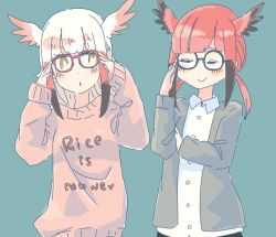 Rule 34 | 10s, 2girls, adjusting eyewear, alternate costume, bird wings, black hair, blush, casual, clothes writing, collared shirt, commentary, cowboy shot, english text, glasses, hand on eyewear, hasu (zatsugami), head wings, highres, jacket, japanese crested ibis (kemono friends), kemono friends, long sleeves, multicolored hair, multiple girls, red hair, scarlet ibis (kemono friends), shirt, short hair, sidelocks, smug, sweater, twintails, white hair, wings
