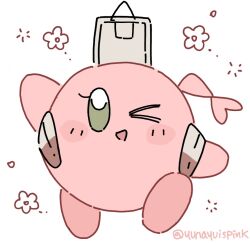Rule 34 | artist name, backpack, bag, bag on head, blush, bocchi the rock!, bow, cosplay, flower, hair bow, kirby, kirby (series), kita ikuyo, kita ikuyo (cosplay), looking at viewer, nintendo, no humans, one eye closed, simple background, solo, triangle mouth, waving, white background, yunayuispink