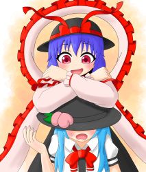 Rule 34 | artist request, blue hair, blush, bow, bowtie, covering own eyes, dress, food, food on head, frilled dress, frills, frown, fruit, fruit on head, hat, hat over eyes, highres, hinanawi tenshi, leaning on person, nagae iku, object on head, open mouth, peach, purple hair, red eyes, simple background, smile, sweat