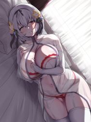 Rule 34 | 1girl, absurdres, alicia renato (yashiro sousaku), bed, bed sheet, bedroom, blush, borrowed character, bra, breasts, cleavage, crossed bangs, elbow gloves, flower, garter belt, gloves, hair flower, hair ornament, hair ribbon, hairband, halterneck, heterochromia, highres, huge breasts, jewelry, looking at viewer, lying, mitsudoue, morning, on bed, on side, original, panties, panties over garter belt, red bra, red eyes, red panties, ribbon, ring, short hair, silver hair, smile, solo, swimsuit, underwear, wedding band, white gloves, yellow eyes