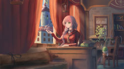 Rule 34 | 1girl, book, bookshelf, candle, catcus, chair, curtains, desk, flower knight girl, green eyes, hair over shoulder, heterochromia, highres, indoors, long hair, looking outside, pink eyes, pink hair, plant, potter plant, sakura (flower knight girl), scroll, sitting, solo