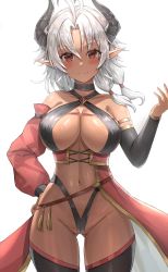 Rule 34 | 1girl, absurdres, antenna hair, asymmetrical sleeves, bare shoulders, black thighhighs, blush, breasts, cameltoe, cleavage, closed mouth, collarbone, cowboy shot, dark-skinned female, dark skin, demon girl, detached sleeves, gluteal fold, groin, halterneck, hand up, heine (sentouin hakenshimasu!), highleg, highres, horns, jasony, large breasts, long hair, long sleeves, looking at viewer, mismatched sleeves, navel, pointy ears, red eyes, revealing clothes, sentouin hakenshimasu!, silver hair, simple background, smile, solo, stomach, thighhighs, toned, white background