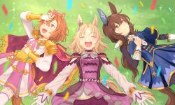 Rule 34 | 3girls, admire vega (umamusume), animal ears, armor, black shirt, blue skirt, blush, bow, bowtie, breasts, brooch, brown eyes, brown hair, cape, clenched hand, closed eyes, closed mouth, confetti, corset, ear bar, fingerless gloves, gloves, grass, highres, horse ears, horse girl, horse tail, jacket, jewelry, long hair, long sleeves, lying, multiple girls, narita top road (umamusume), necktie, on back, one eye closed, open mouth, orange hair, outdoors, purple eyes, purple jacket, purple shorts, ring, rio (rio 067), shading eyes, shirt, short hair, shorts, shoulder armor, skirt, small breasts, smile, sparkle, sweat, t.m. opera o (umamusume), tail, teeth, thighhighs, umamusume, umamusume: road to the top, upper teeth only, white gloves, white necktie, white shirt, white thighhighs
