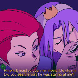 Rule 34 | 1boy, 1girl, closed eyes, creatures (company), crown, deitycyla, earrings, english text, facing viewer, game freak, hand up, highres, james (pokemon), jessie (pokemon), jewelry, looking at another, nintendo, pokemon, pokemon (anime), purple eyes, purple hair, red hair, red lips, simple background, team rocket