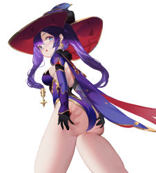 Rule 34 | 1girl, absurdres, artist request, ass, ass grab, blue eyes, blush, breasts, cape, deep skin, detached sleeves, elbow gloves, from behind, genshin impact, gloves, hair ornament, hair ribbon, hat, highres, huge ass, leotard, long hair, looking back, mona (genshin impact), purple hair, ribbon, shiny skin, sideboob, solo, twintails