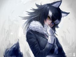 Rule 34 | 10s, 1girl, animal ears, arm up, artist name, black hair, blue eyes, commentary request, covered mouth, fur collar, gloves, grey wolf (kemono friends), heterochromia, kemono friends, long hair, long sleeves, looking at viewer, multicolored hair, necktie, plaid necktie, plaid neckwear, solo, tail, takami masahiro, twitter username, watermark, web address, white background, white gloves, white hair, wolf ears, wolf tail, wrist cuffs, yellow eyes