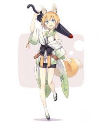Rule 34 | 1girl, animal ear fluff, animal ears, bare shoulders, belt, blonde hair, blue eyes, bow, buttons, extra ears, fang, fox ears, fox tail, full body, holding, jacket, looking at viewer, off shoulder, open mouth, original, poco (asahi age), sailor collar, sash, shiratama kitsune, shirt, short hair, shorts, simple background, sleeveless, sleeveless shirt, solo, standing, standing on one leg, tabi, tail, umbrella, white background