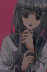 Rule 34 | 1girl, :o, black eyes, black hair, blue eyes, blue sailor collar, blush, bow, bowtie, danganronpa: trigger happy havoc, danganronpa (series), grey shirt, hair ornament, hairclip, hands up, highres, joh pierrot, long hair, maizono sayaka, pink background, sailor collar, school uniform, shirt, simple background, solo, upper body