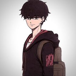 Rule 34 | 1boy, bag, black hair, black sweater vest, cha hyun-soo, closed mouth, grey eyes, long hair, looking at viewer, shirt, smile, solo, sweater vest, sweet home (manhwa), white background, white shirt