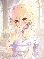 Rule 34 | 1girl, apple caramel, bare shoulders, blonde hair, blush, breasts, character name, choker, commentary, cup, dress, drinking glass, earrings, flower, genshin impact, hair flower, hair ornament, highres, jewelry, large breasts, looking at viewer, lumine (genshin impact), medium hair, necklace, sidelocks, smile, solo, white dress, yellow eyes