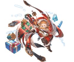 Rule 34 | 1boy, alternate costume, anre (granblue fantasy), boots, brown gloves, cape, christmas, facial hair, facial mark, forehead mark, full body, fur, gift, gloves, granblue fantasy, hat, head tilt, mistletoe, mustache, official art, orange hair, outstretched arm, puffy pants, ribbon, santa costume, transparent background, white background, wreath